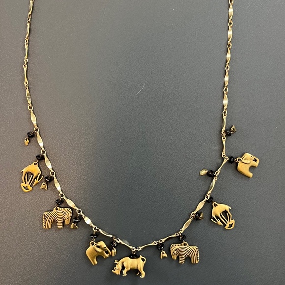 Vintage MCM Brass/Gold Tone Animal Charm and Black Bead Necklace 18" - Picture 1 of 5